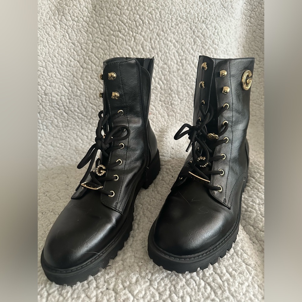 GBG GUESS Los Angeles Black Moto Boots with Gold Accents